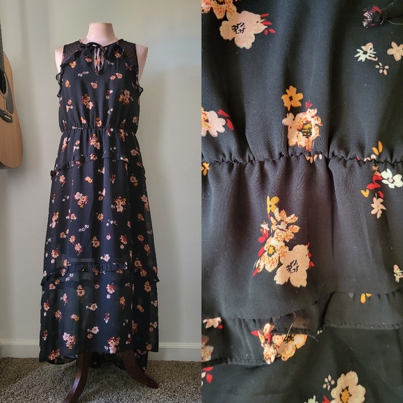 Ruffled Chiffon Maxi Dress Black + Autumn Floral 🍂 - Picture 1 of 7